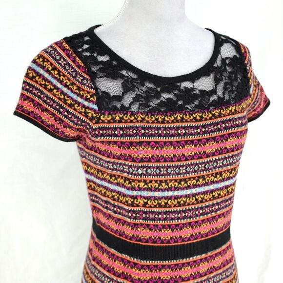 Sparrow Sweater Dress Womens Medium Black Orange Stripe Knit Lace Anthropologie - Picture 6 of 14